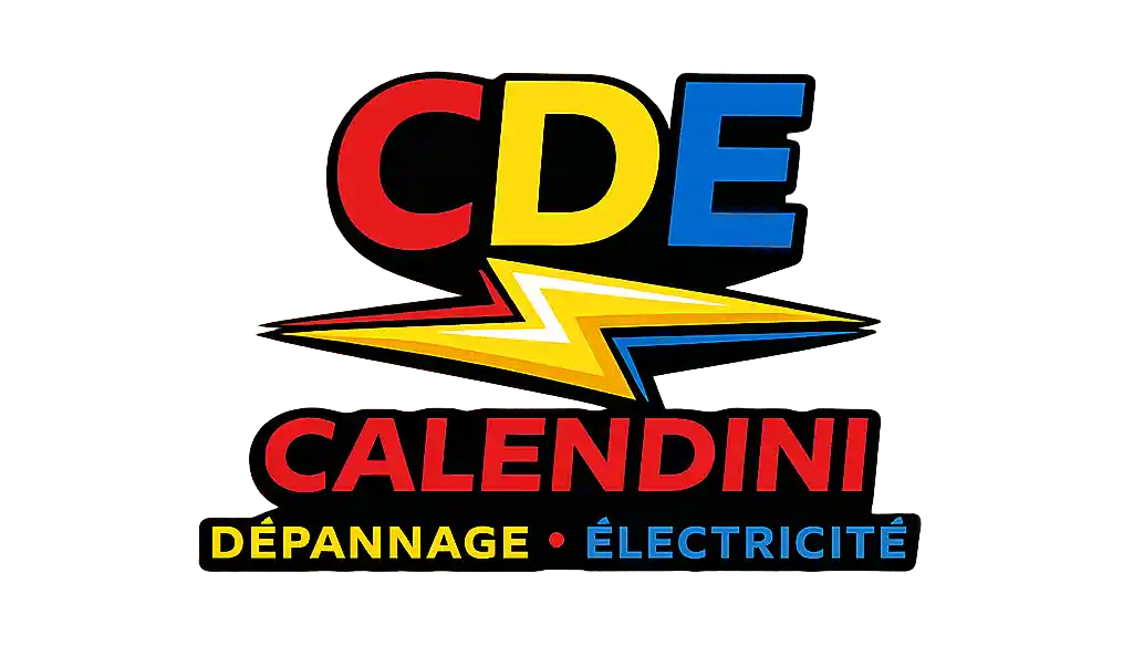 Logo CDE Calendini dépannage électricité avec éclair jaune et texte coloré